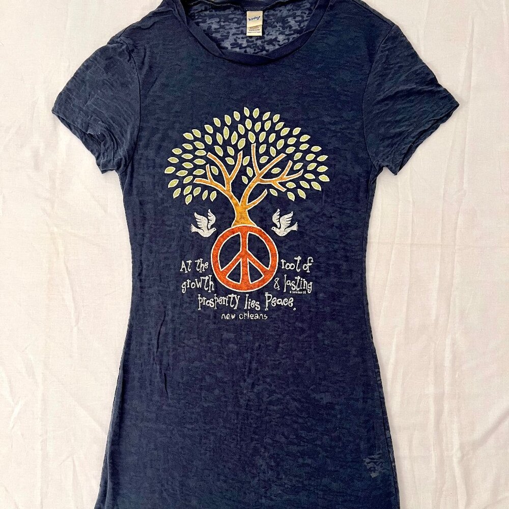 Kavio! Women's Medium Navy Tunic-Length Tee Peace Tree Graphic Y2K Vintage